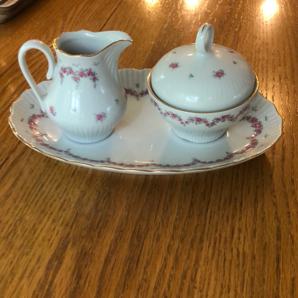 Porcelain Creamer and Covered Sugar Bowl Set in White with Pink Floral Accents
